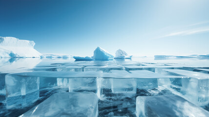 Selective focus.podium platform of ice or iceberg mountain landscap.product display table.stand abstract background.generative ai images