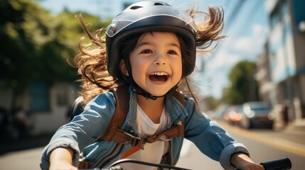 Obraz premium Cute little girl having fun by riding bicycle. Cute kid in safety helmet biking outdoors.