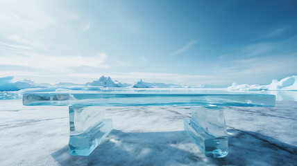 Fototapeta na wymiar Selective focus.podium platform of ice or iceberg mountain landscap.product display table.stand abstract background.generative ai images