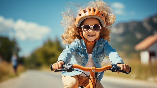 Cute little girl having fun by riding bicycle. Cute kid in safety helmet biking outdoors.