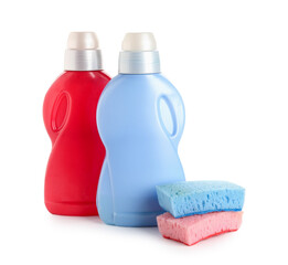 Bottles of detergent and sponges isolated on white background
