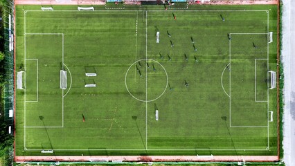 Zenith aerial view of a green grass soccer field