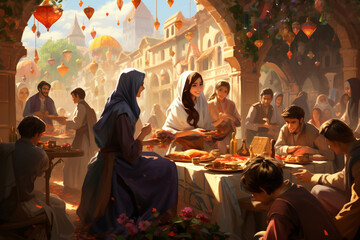 the joyous atmosphere of the Eid al-Fitr festival, with families dressed in colorful attire, exchanging gifts, and enjoying festive meals. Generative AI