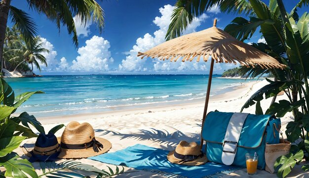 Must Have Tropical Beach Vacation Accessories Hats, Towels, Flip Flops, and More ai generated