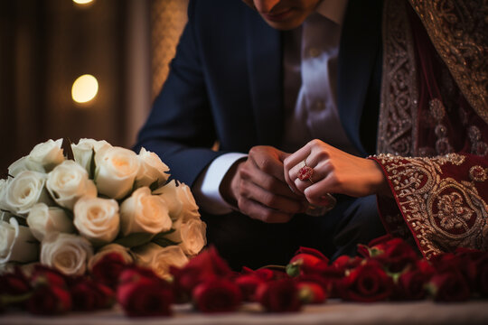 the rituals and traditions of Muslim weddings, such as the signing of the marriage contract, the exchange of rings, and the celebratory feast. Generative AI