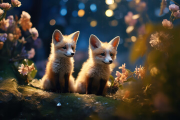 Two foxes with fluffy tails in the forest