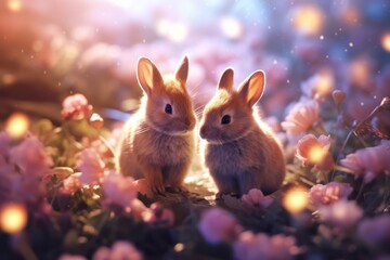 Fototapeta na wymiar Two little rabbits with flowers
