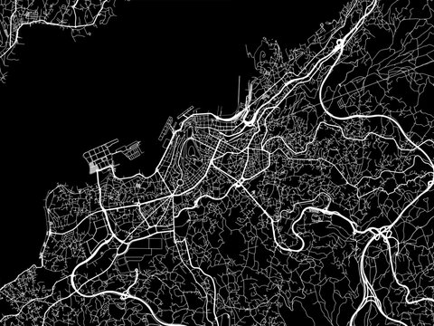 Vector road map of the city of  Vigo in Spain on a black background.