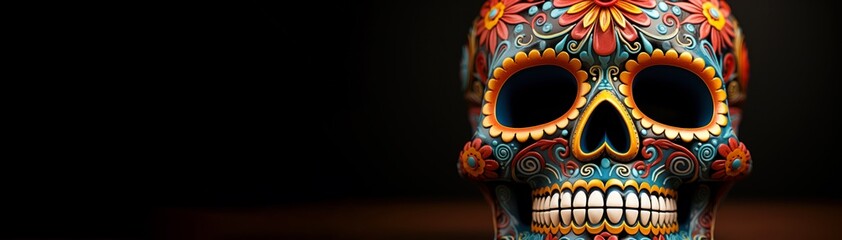 Vibrant Sugar Skull for Mexican Day of the Dead Celebration on dark background with copy space for your text or design banner