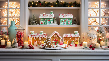 Christmas gingerbreads and gingerbread houses. Generative AI