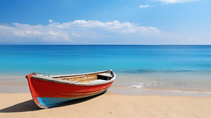 Naklejka na ściany i meble colorful small wooden fishing boat on beach. summer and vacation
