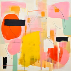 textured abstract shapes painting in pink, yellow and orange tones with black rectangles, made with generative ai

