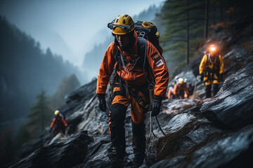 Mountain rescue team using ropes and harnesses to assist climbers, Rescue Service 911 Generative AI