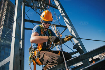 A portrait of a construction worker wearing a safety harness, scaling the exterior of a tall building during construction Generative AI - obrazy, fototapety, plakaty