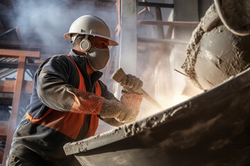 A portrait of a construction worker operating a concrete mixer, pouring concrete into a construction site Generative AI