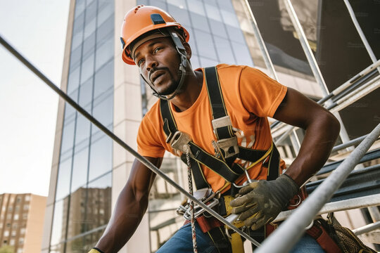 A portrait of a construction worker wearing a safety harness, scaling the exterior of a tall building during construction Generative AI