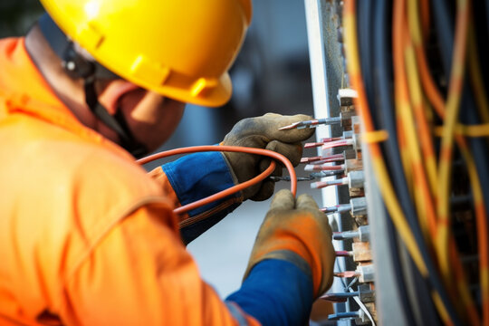 A portrait of a construction worker installing electrical wiring, holding wires and connecting them with precision, Labor Day