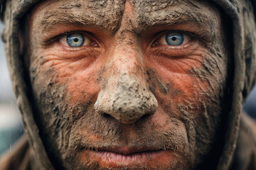 A close-up of a construction worker's face, covered in dust and sweat, displaying their hard work and dedication Generative AI