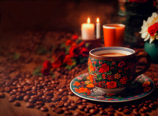 coffee cup with hot coffee , over dia de muertos atmosphere, mexican tradition mood, photo style selective focus.,Generative Ai