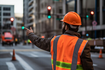 A construction worker in a high-visibility vest, directing traffic with hand signals near a construction zone, Labor Day