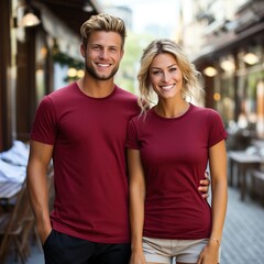Obraz premium Illustration of a couple fashion portrait with plain t-shirt mockup, AI Generated