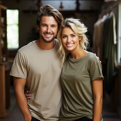 Obraz premium Illustration of a couple fashion portrait with plain t-shirt mockup, AI Generated