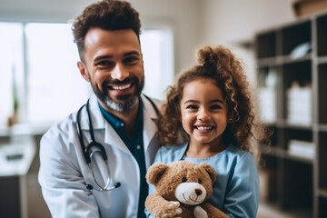 A portrait of a dentist doctor and a young patient, with the dentist playfully holding a tooth puppet, creating a friendly atmosphere Generative AI