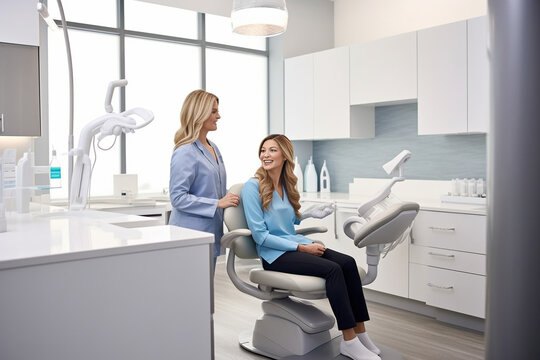 A dentist doctor and a patient in a modern dental office, surrounded by state-of-the-art equipment, emphasizing advanced dental care Generative AI