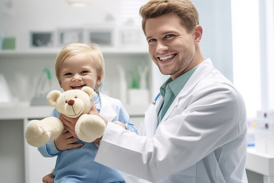A portrait of a dentist doctor and a young patient, with the dentist playfully holding a tooth puppet, creating a friendly atmosphere Generative AI