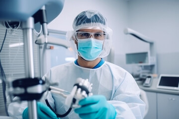 A dentist doctor wearing a face mask and protective eyewear, performing a dental procedure with precision Generative AI