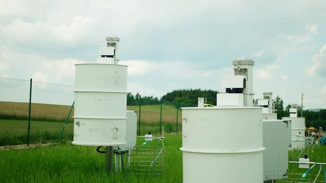 Science station scientific measurement respiration wheat common agriculture field Triticum aestivum soil scientist working technology work earth technological monitoring carbon dioxide oxide oxygen,