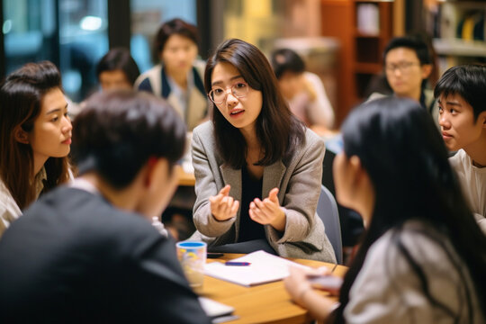 A portrait of an Asian woman teacher leading a group discussion, with students actively participating Generative AI
