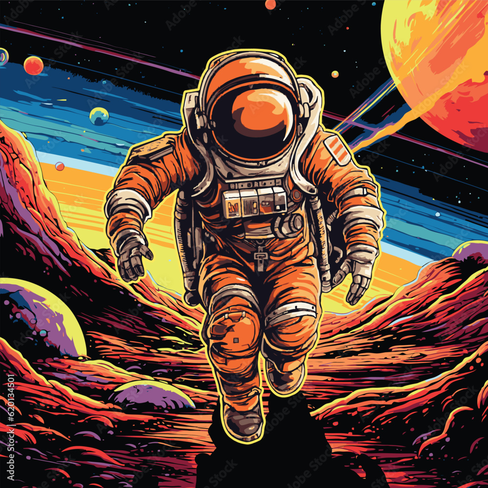 Wall mural astronaut running in space with a modern and futuristic vector style