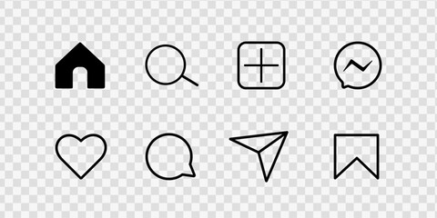 Like, comment, send, save, home, notification on transparent background. Icon UI set. Social media interface isolated buttons app. Line symbols of black. Vector illustration.