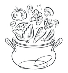Fresh ingredients and kitchen pan. Food preparation. Vegetables and spices. Cooking concept vector illustration