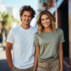 Fototapeta premium Illustration of a couple fashion portrait with plain t-shirt mockup, AI Generated