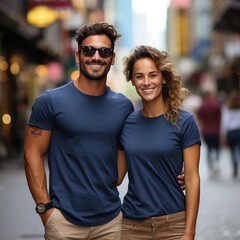 Fototapeta premium Illustration of a couple fashion portrait with plain t-shirt mockup, AI Generated