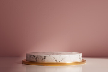 3d presentation background with pedestal or dais made of gold and marble in the pink room. 3d rendering of mockup of presentation podium for display or advertising purposes