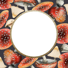 Red fly agarics mushrooms round frame with gold border on dark background watercolor illustration isolated on white. Social media square template