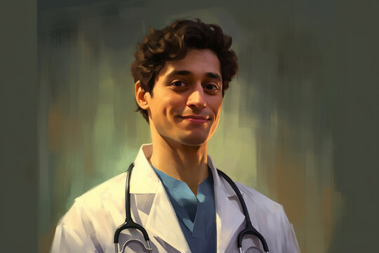 A portrait of a doctor in a white coat, with a stethoscope draped around their neck and a reassuring smile Generative AI