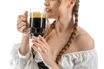 Beautiful Octoberfest waitress with beer on white background, closeup