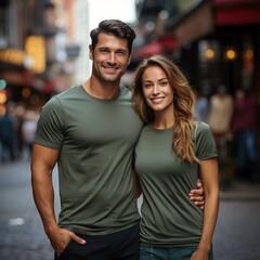 Fototapeta premium Illustration of a couple fashion portrait with plain t-shirt mockup, AI Generated