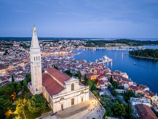 Aerial shot of Crkva sv. Eufemija of Rovinj, Croatia. 