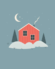 Fototapeta premium Vector holiday illustration, winter scene with lonely standing house in the forest