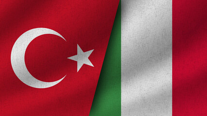 Italy and Turkey Realistic Two Flags Together, 3D Illustration
