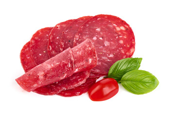 Spanish salchichon sausage, isolated on white background.