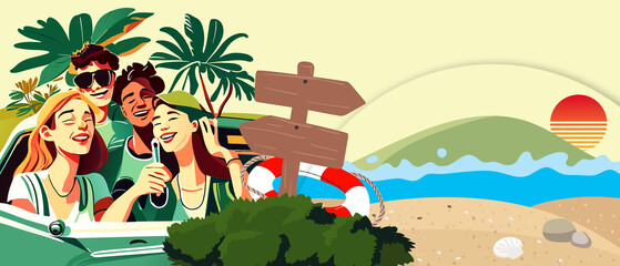Roadtrip background. Driving out to Lake on a summer vacation evening with a group of new friends on campus. coconut palm, sunset, beach, signboard, mountain, rubber ring, illustration
