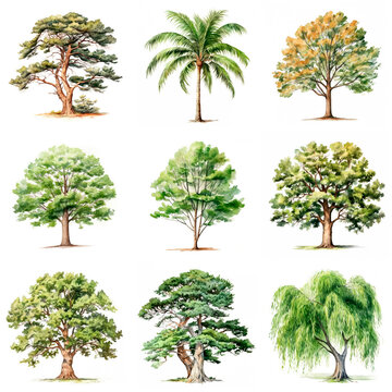 Set of trees (oak, beech, birch, pine, willow, cedar, palm), watercolor illustration on white background