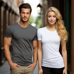 Fototapeta premium Illustration of a couple fashion portrait with plain t-shirt mockup, AI Generated