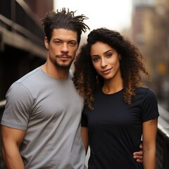Fototapeta premium Illustration of a couple fashion portrait with plain t-shirt mockup, AI Generated